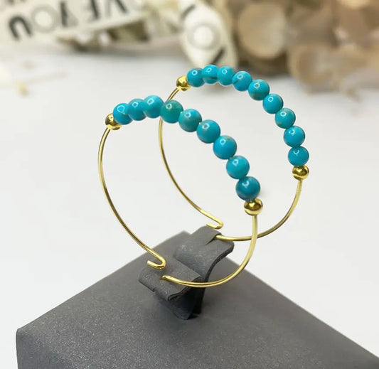 Oriental Treasure Natural Turquoise Seed Bead Hoop Earrings, Large Gold Plated Earrings, Hoop Earrings, Gold Hoops, 925 Sterling Silver