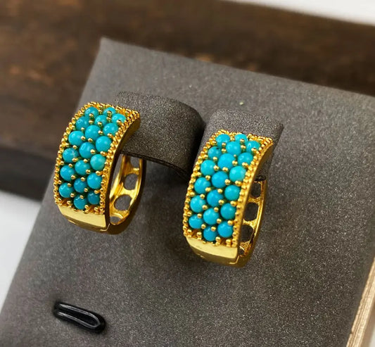 Oriental Treasure Natural Blue Turquoise Bead Sterling Silver Earrings, 14K Gold Sterling Silver Earrings, Fancy Turquoise Huggie Hoop Earrings, Chunky Hoop Earrings, Gift For Her