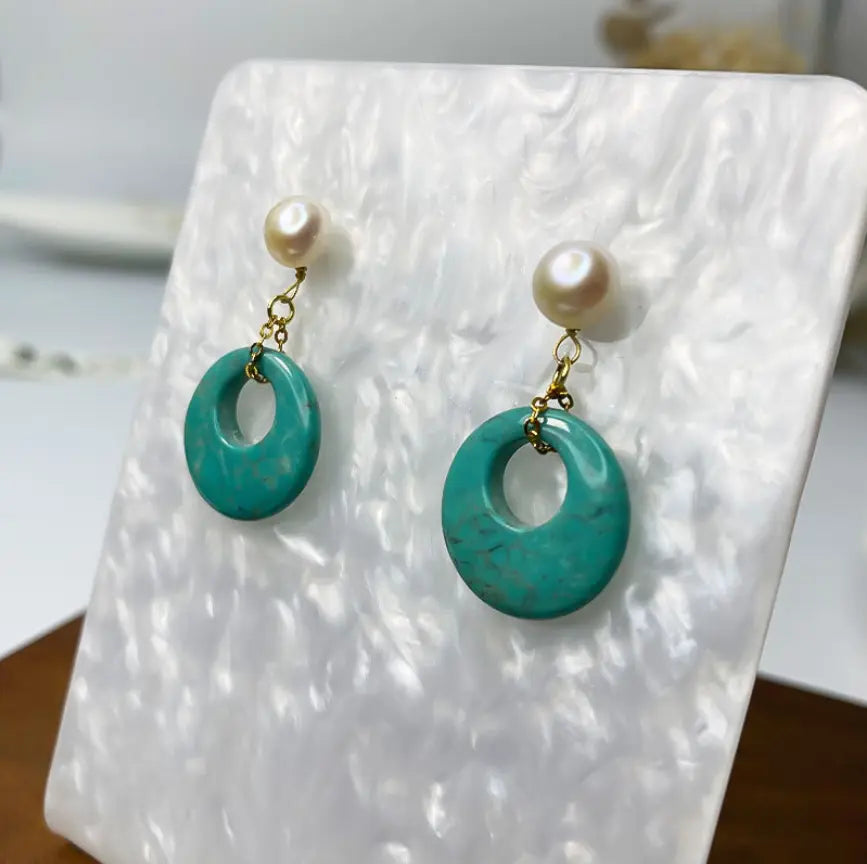 Oriental Treasure Genuine Turquoise Earrings fan-shaped Earrings Boho Pearl Earrings  Drop earrings Boho jewelry Stone Earrings Vintage Bohemian earrings Gift For women