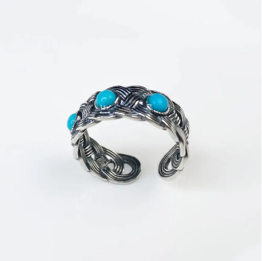 Oriental Treasure Natural Blue Turquoise ring, unisex style ring, genderless ring, Vintage, Hip-hop opening ring, adjustable ring, woven texture, Gift for Him