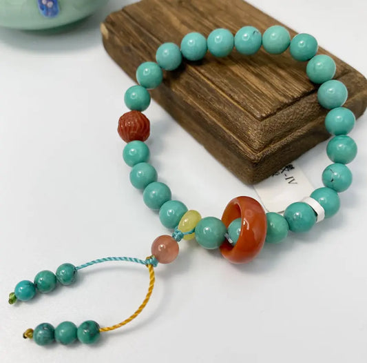 Oriental Treasure BRACELET EN TURQUOISE NATURELLE ET AMBRE VRAI, CIRE D'ABEILLE ROUGE POUR MÉDITATION - CADEAU ZEN DE QUALITÉ
