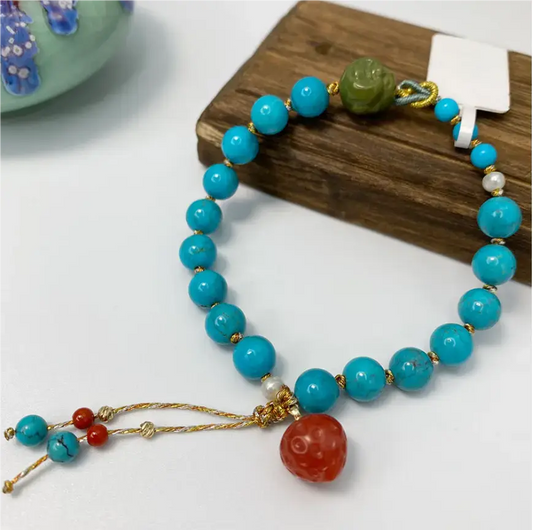 Pulsera de ámbar auténtico de turquesa azul natural de calidad Oriental Treasure, con cera de abejas roja y verde, hecha a mano en zen, regalo vintage.