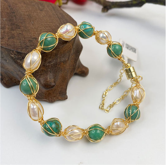 Pulsera de oro con turquesa natural y perla Oriental Treasure / Pulsera de turquesa y perla / Joyería de turquesa y oro / Pulsera de perla para mujer / Pulsera de cuentas de turquesa