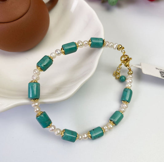 Pulsera de oro con turquesa natural y perla, tesoro oriental. Pulsera de turquesa y perla. Joyería de turquesa y oro. Pulsera de perla para mujer.