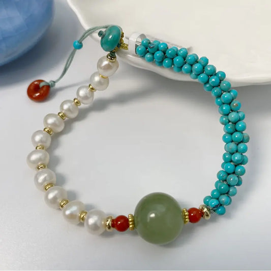 Pulsera de oro con turquesa natural "Tesoro Oriental", pulsera de turquesa con perla, joyería de turquesa dorada, pulsera de perlas para mujer, pulsera de cuentas de turquesa