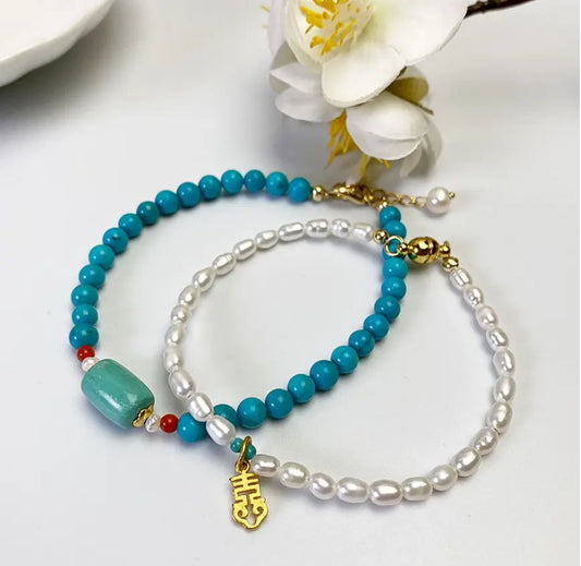 Pulsera de piedras preciosas turquesas Oriental Treasure Juego de 2 pulseras Pulsera de perla Pulseras ajustables Pulseras apilables