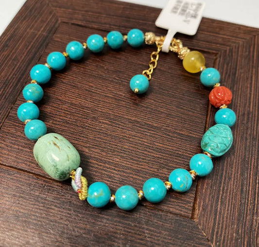Bracelet Turquoise Naturel Dainty Oriental Treasure Texture Carapace de Tortue Perles de Lotus