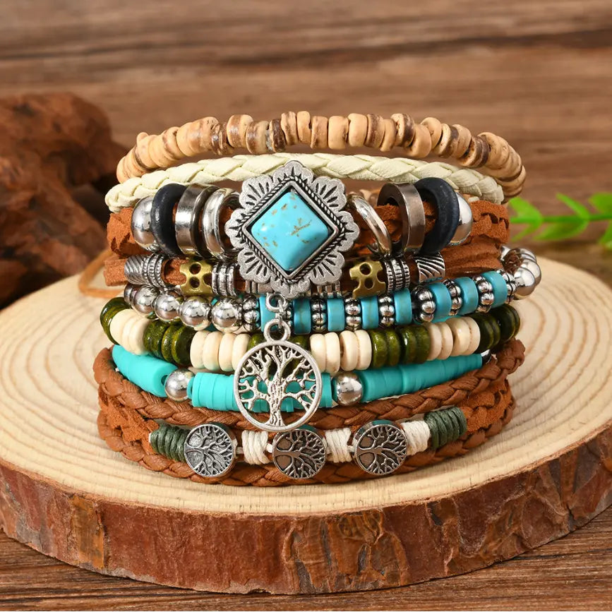 Oriental Treasure Tibetan Turquoise Multi-layer beaded turquoise 6-piece set bracelet, retro Life tree healing bracelet, Gift for Dad/Him