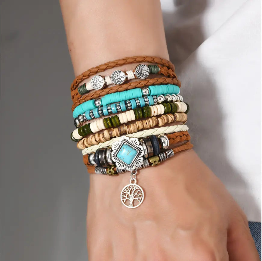 Oriental Treasure Tibetan Turquoise Multi-layer beaded turquoise 6-piece set bracelet, retro Life tree healing bracelet, Gift for Dad/Him