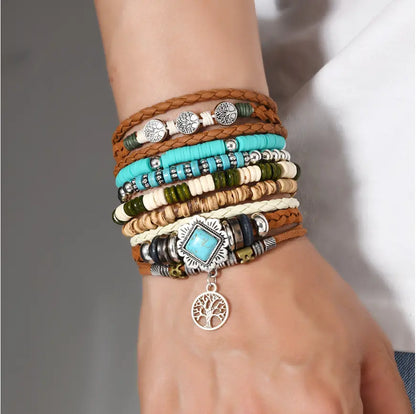 Oriental Treasure Tibetan Turquoise Multi-layer beaded turquoise 6-piece set bracelet, retro Life tree healing bracelet, Gift for Dad/Him