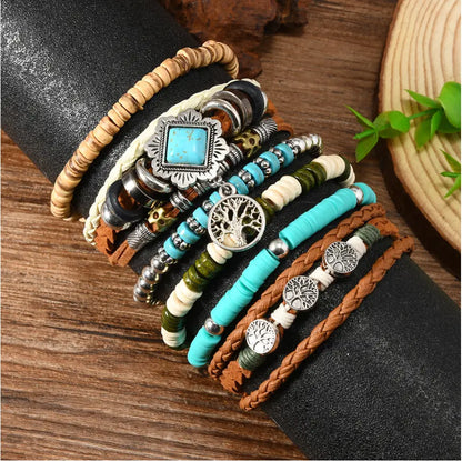 Oriental Treasure Tibetan Turquoise Multi-layer beaded turquoise 6-piece set bracelet, retro Life tree healing bracelet, Gift for Dad/Him
