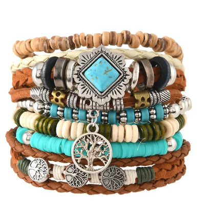 Oriental Treasure Tibetan Turquoise Multi-layer beaded turquoise 6-piece set bracelet, retro Life tree healing bracelet, Gift for Dad/Him