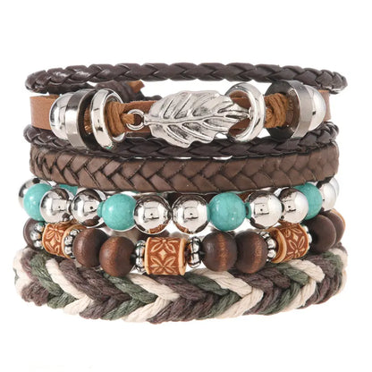 Oriental Treasure Tibetan Turquoise Multi-layer Boho chic turquoise beaded alloy leaf leather bracelet Healing bracelet, Gift for Dad/Him