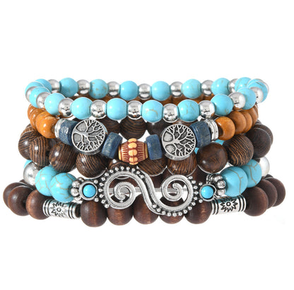Oriental Treasure Tibetan Turquoise Peace Tree Türkisperlenarmband, mehrschichtige Kombination von Holzperlen, retro Männerarmband, Geschenk für Papa/Ihn