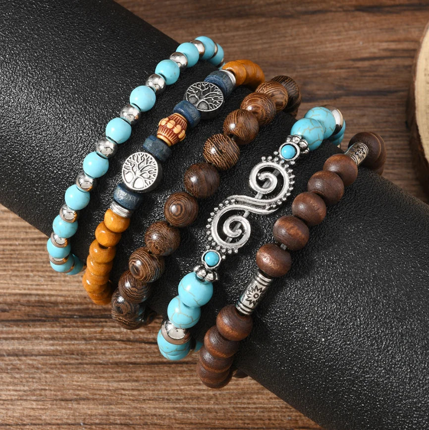 Oriental Treasure Tibetan Turquoise Peace Tree Türkisperlenarmband, mehrschichtige Kombination von Holzperlen, retro Männerarmband, Geschenk für Papa/Ihn
