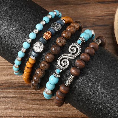 Oriental Treasure Tibetan Turquoise Peace Tree Türkisperlenarmband, mehrschichtige Kombination von Holzperlen, retro Männerarmband, Geschenk für Papa/Ihn