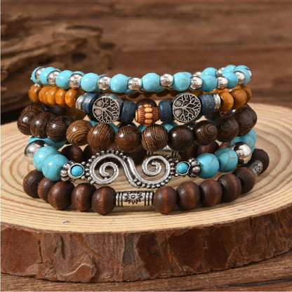 Oriental Treasure Tibetan Turquoise Peace Tree Türkisperlenarmband, mehrschichtige Kombination von Holzperlen, retro Männerarmband, Geschenk für Papa/Ihn