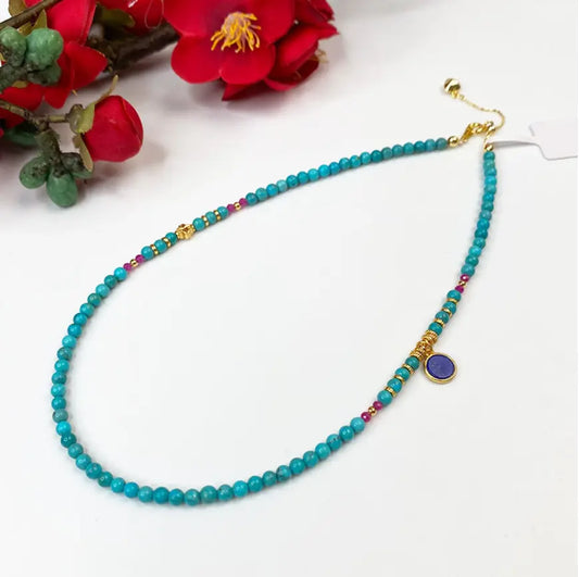 Collier de perles en pierre naturelle turquoise trésor oriental plaqué or, cristal de guérison spirituelle, cadeau unisexe