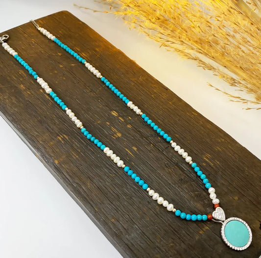 Collar con colgante de turquesa y perla de alta calidad, joya bohemia vintage para mujer, joya delicada y personalizada.
