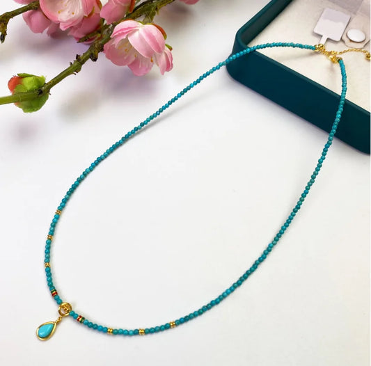 Collier en Turquoise Vraie et Or 14K Plein Artisanal de Trésor Oriental, Pendentif 2mm, Bijou de Pierre de Naissance de Juin, Cadeau de Demoiselle d'Honneur
