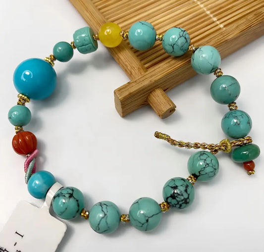 Oriental Treasure BRACELET EN TURQUOISE NATURELLE ET AMBRE VÉRITABLE, CIRE D'ABEILLE JAUNE, CADEAU VINTAGE DE QUALITÉ