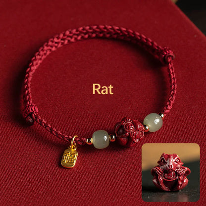 Pulsera de cuerda de la suerte con cinabrio natural y jade hetiano del zodiaco chino, tesoro oriental
