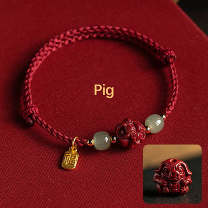 Pulsera de cuerda de la suerte con cinabrio natural y jade hetiano del zodiaco chino, tesoro oriental