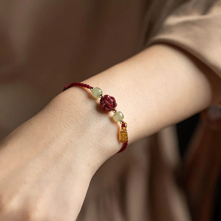 Pulsera de cuerda de la suerte con cinabrio natural y jade hetiano del zodiaco chino, tesoro oriental