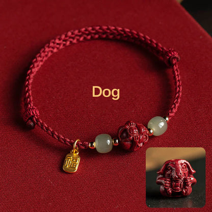 Pulsera de cuerda de la suerte con cinabrio natural y jade hetiano del zodiaco chino, tesoro oriental